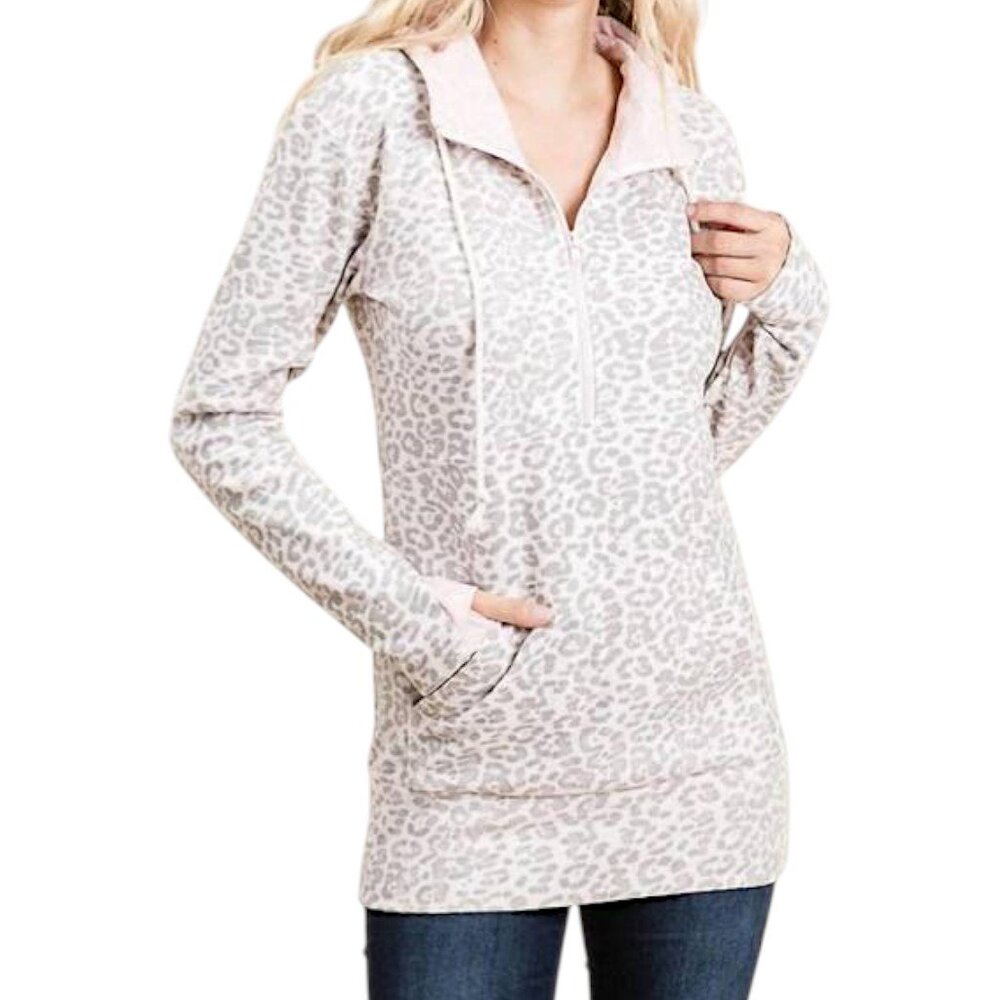 Vanilla Bay NWT Pink & White Leopard Print Quarter Zip Hoodie Women's Size S